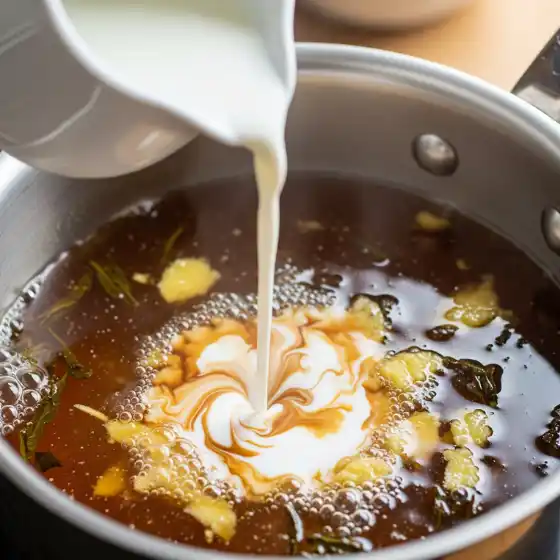A stream of creamy milk spirals into a bubbling pot of dark broth with herbs and spices, creating a rich, blended texture of Ginger Milk Tea.