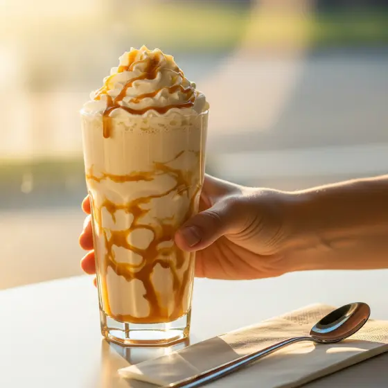A hand holds a glass of Caramel Milkshake topped with whipped cream and caramel drizzle, bathed in warm sunlight. A spoon rests on a napkin, creating a cozy, inviting scene.