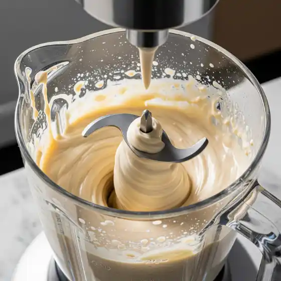 A blender with sharp blades mixes creamy, light brown apple milkshake batter, creating swirls. The batter is thick, smooth, and flowing from above.