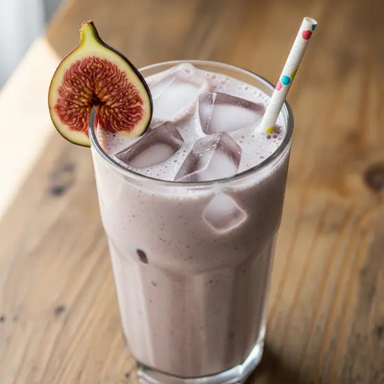 A glass of creamy fig milkshake with ice cubes sits on a wooden table. It is garnished with a fresh fig slice and a colorful straw, evoking a refreshing vibe.