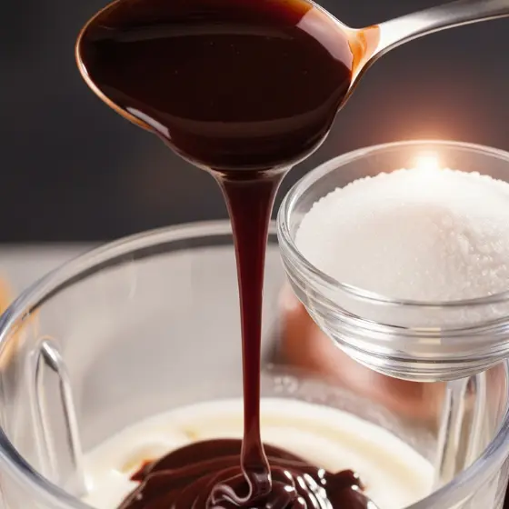 Close-up of thick chocolate syrup pouring from a spoon into a blender, next to a small bowl of granulated sugar. The image conveys a rich, indulgent tone, much like the bold appeal of Edgar haircuts for men.