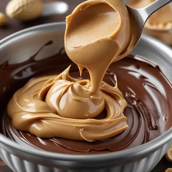 A spoon lifting creamy peanut butter from a bowl of smooth, melted chocolate, showcasing a delicious blend of flavors.