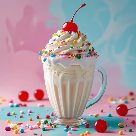 A creamy milkshake topped with whipped cream, colorful sprinkles, and a cherry, surrounded by scattered candies on a vibrant backdrop.
