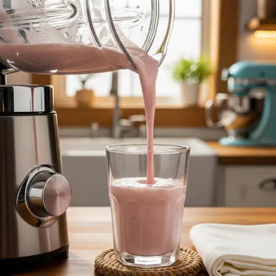 Snickerdoodle Milkshake being poured from a blender into a clear glass, set against a cozy kitchen backdrop with a blue mixer.