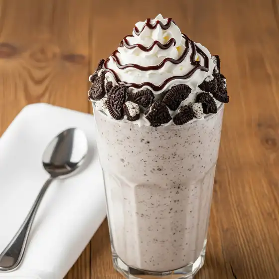 Cookies and cream milkshake topped with whipped cream, chocolate syrup, and cookie crumbles in a glass, next to a spoon on a wooden table — a treat enjoyed by those sporting bold styles like Edgar haircuts for men.
