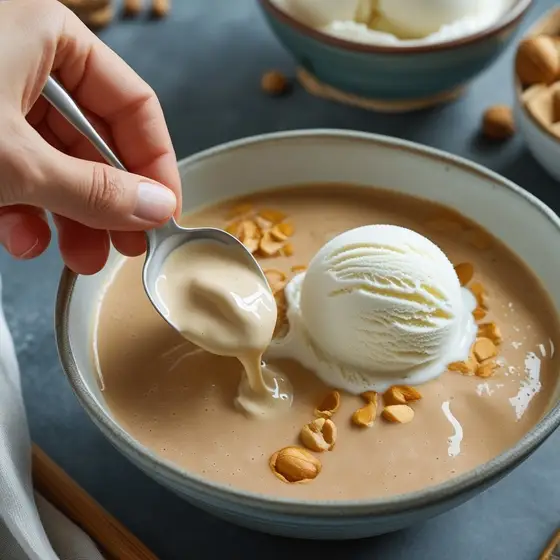 A hand holding a spoon scoops creamy ice cream from a bowl of smooth dessert, garnished with nuts.