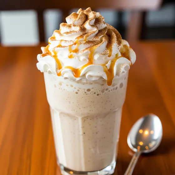 Snickerdoodle Milkshake in a tall glass, filled with a creamy blend and topped with whipped cream, caramel drizzle, and cinnamon. A metal spoon rests beside the glass on a wooden table.