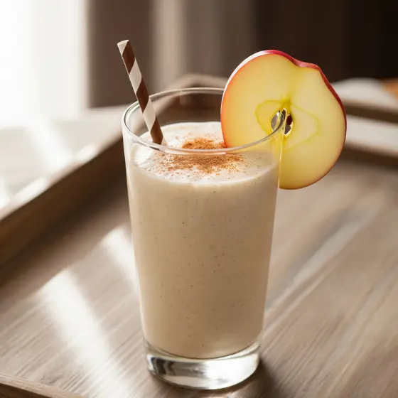 A creamy apple milkshake in a glass, topped with cinnamon and a red apple slice. A brown striped straw adds a cozy, inviting touch.