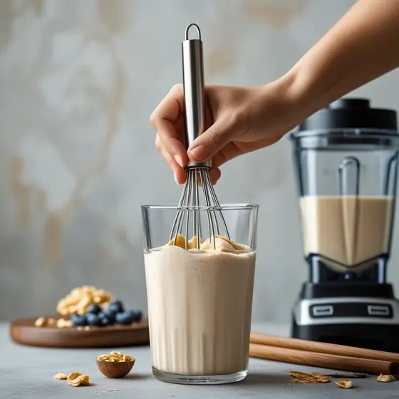 A hand uses a whisk to mix a creamy smoothie in a glass, with a blender and fruits in the background.