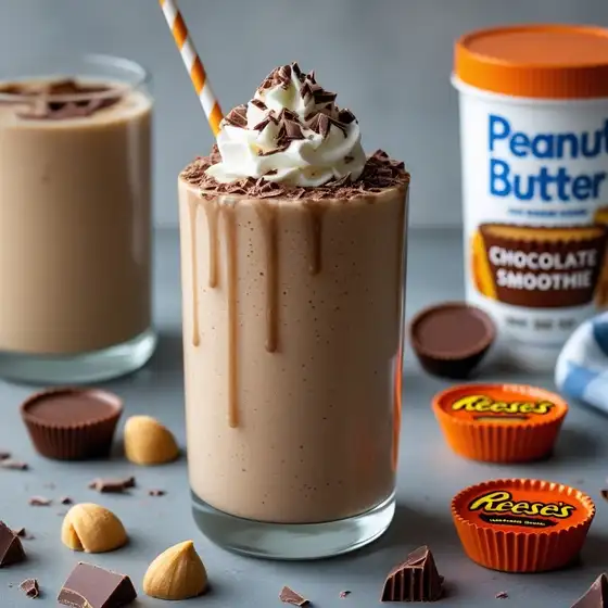 A creamy chocolate smoothie topped with whipped cream and chocolate shavings, with Reese's candy nearby and a container of peanut butter smoothie mix.