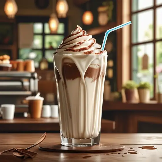 A tall glass filled with swirling chocolate and vanilla ice cream, topped with whipped cream and a blue straw, set in a cozy café.