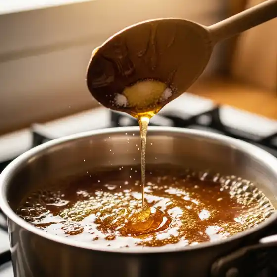 A wooden spoon drizzles golden, bubbling syrup into a metal pot on a stove while preparing Ginger Milk Tea. Warm kitchen lighting creates a cozy, inviting atmosphere.
