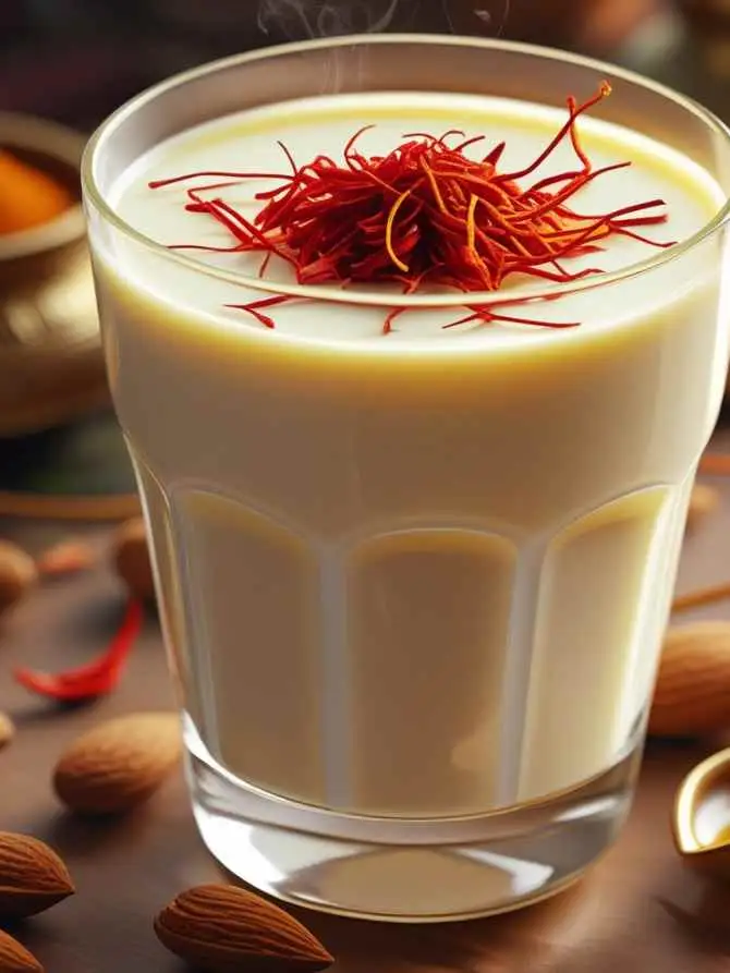 Saffron Almond Milk, a beloved Indian drink, presented in a glass, highlighting its golden hue, creamy consistency, and rich saffron flavor.