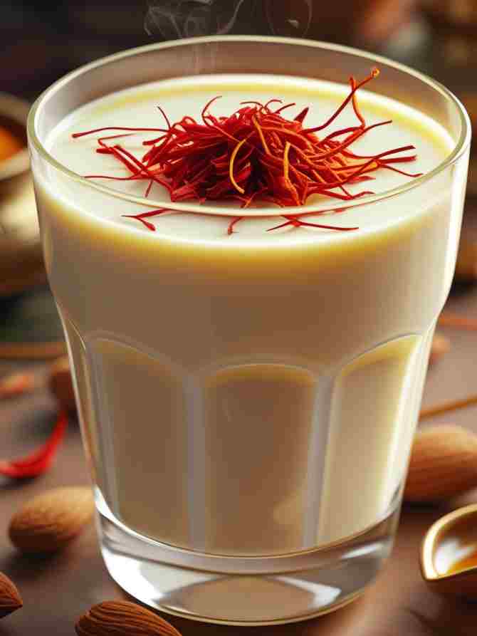 A glass of saffron almond milk, a traditional and popular drink enjoyed in India, showcasing its vibrant yellow color.