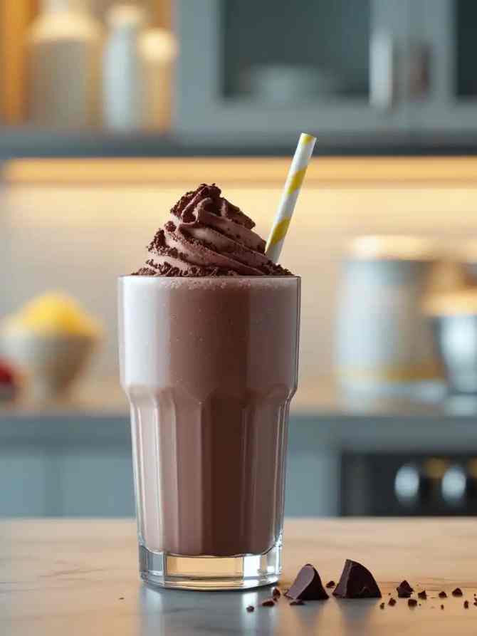 A delicious chocolate protein shake with a striped straw.