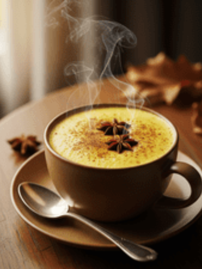 A warm cinnamon spice latte featuring a rich blend of spices and turmeric milk, served in a decorative cup