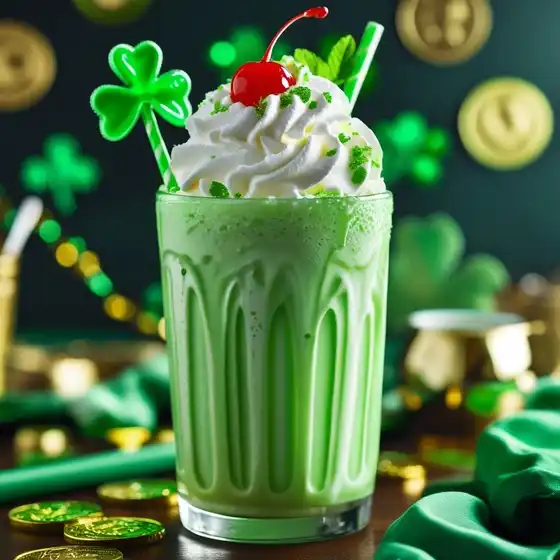 Shamrock Shake Recipe – A festive green milkshake topped with whipped cream, a cherry, and shamrock decorations, surrounded by St. Patrick's Day accents.
