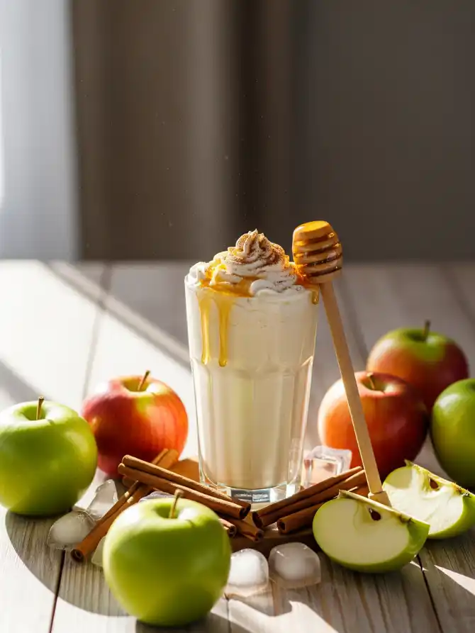 A glass of creamy apple milkshake, topped with whipped cream and honey drizzle, surrounded by red and green apples, cinnamon sticks, and ice cubes, in sunlight.