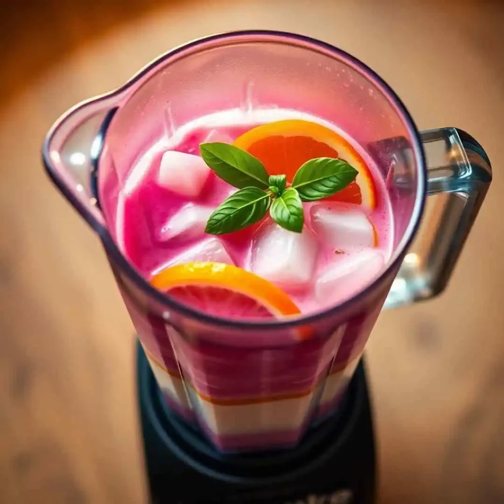 A close-up of a blender jar with a vibrant pink lid, resting on a wooden surface, showcasing its sleek design and modern features, perfect for preparing a Dragon Fruit Shake Recipe.