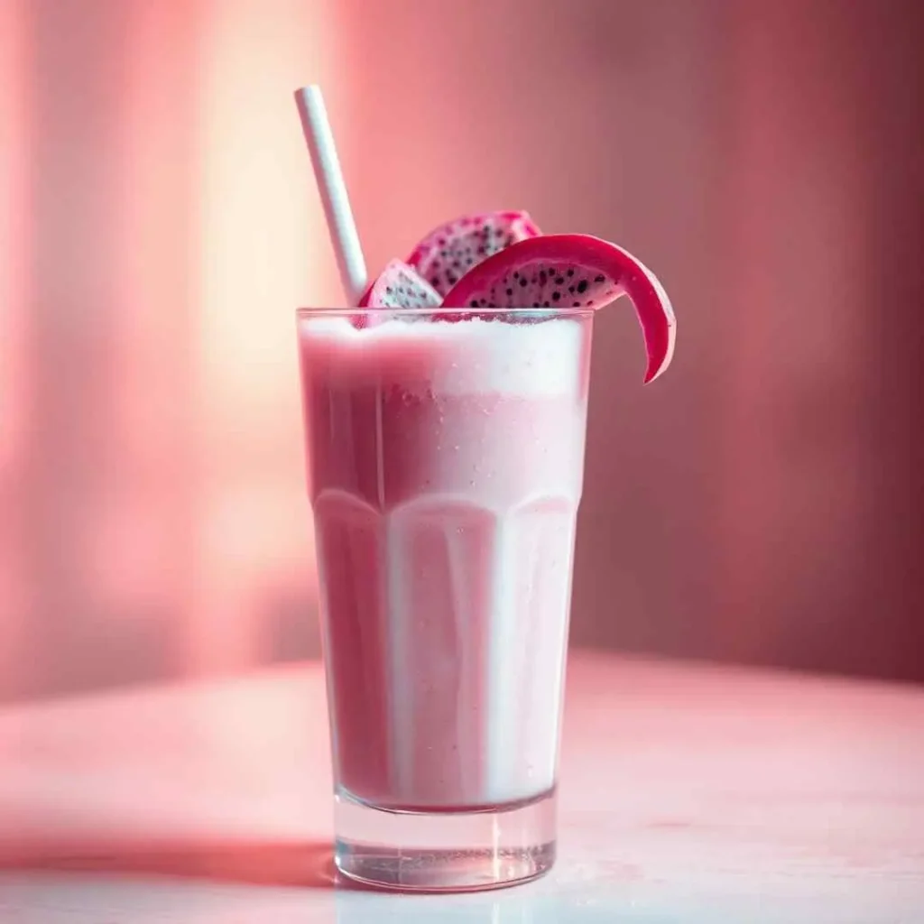 A tall glass of pink smoothie adorned with dragon fruit slices and a straw, set against a softly lit pink background, perfect for a Dragon Fruit Shake Recipe.