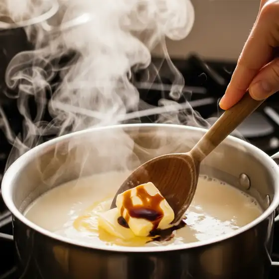 A hand stirs melting butter and sauce into a steaming pot of cream on a stovetop, creating a rich culinary blend of Homemade Condensed Milk.