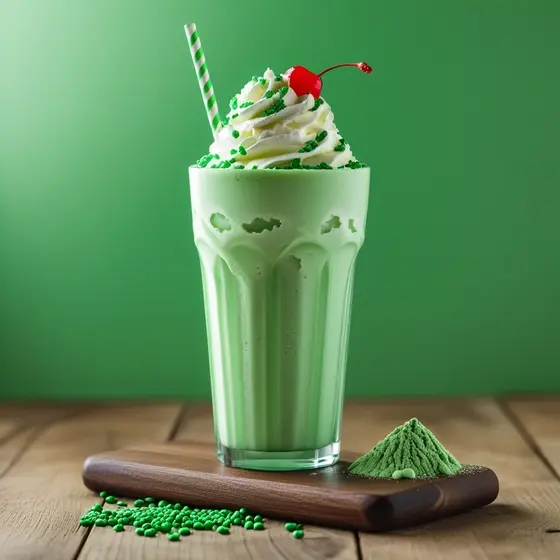 A tall, frosty green milkshake topped with whipped cream, green sprinkles, and a cherry, alongside a mound of matcha powder, perfect for a Shamrock Shake Recipe.