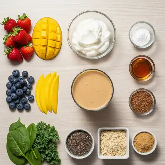 A neatly arranged selection of ingredients for a Peanut Butter Protein Shake on a light wooden surface, including strawberries, mango, yogurt, blueberries, honey, peanut butter, spinach, kale, chia seeds, oats, flaxseeds, and brown sugar, conveying freshness and culinary creativity.