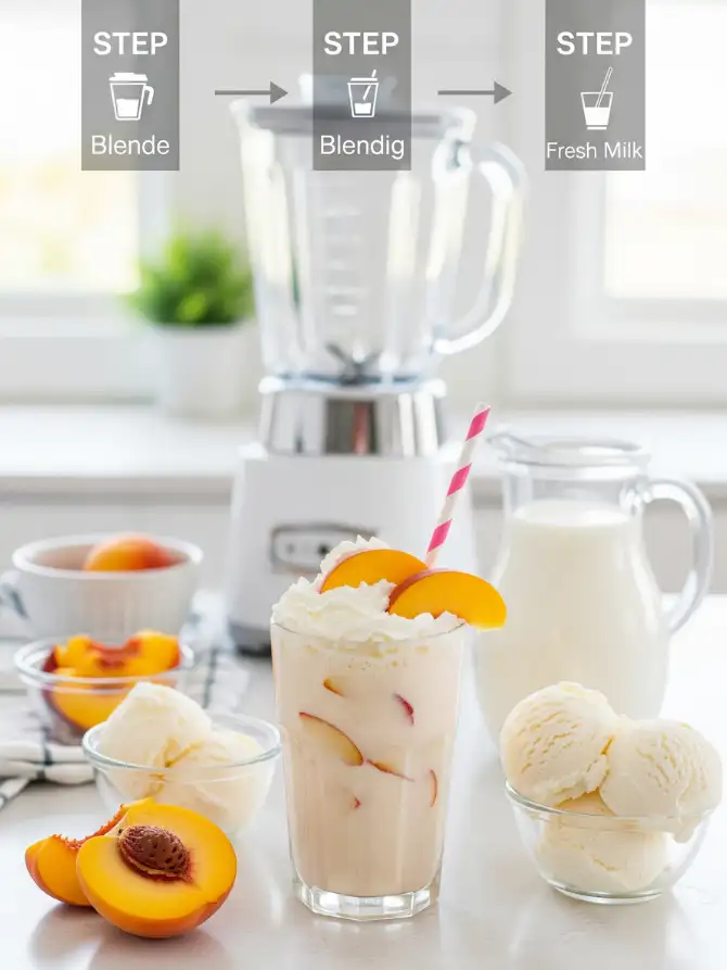 A delicious Peach Milkshake topped with whipped cream and fresh peach slices, surrounded by ingredients and a blender, showcasing the Peach Milkshake prep steps.