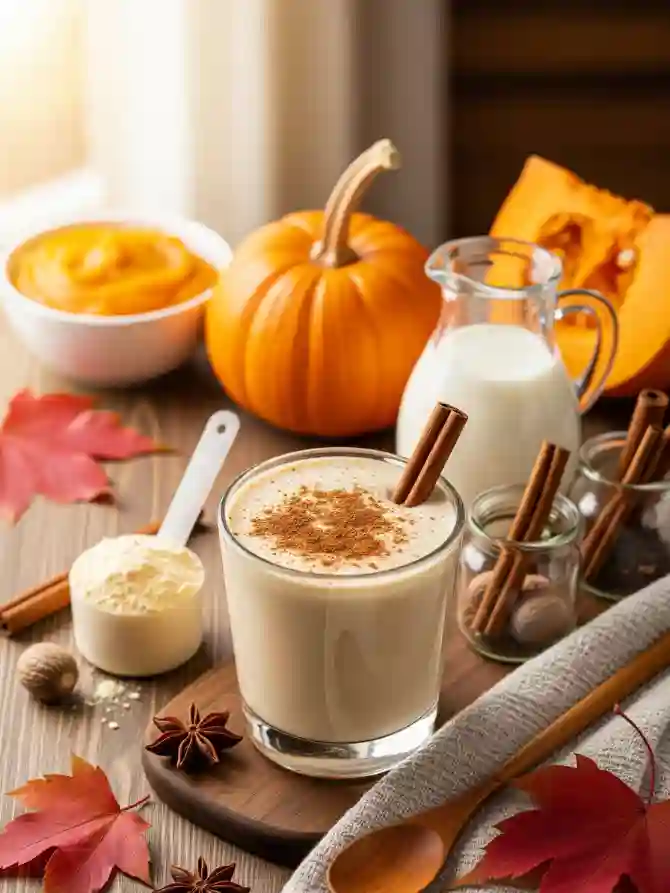 A creamy Pumpkin Protein Shake garnished with cinnamon sticks, surrounded by pumpkins, spices, and maple leaves, evoking cozy autumn vibes.