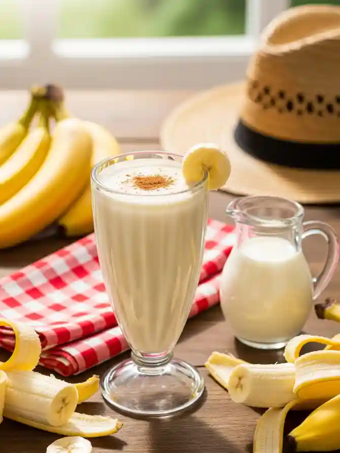 A glass of creamy banana smoothie from a classic Banana Milkshake Recipe, garnished with a banana slice, surrounded by fresh bananas, peels, and a small jug of milk.