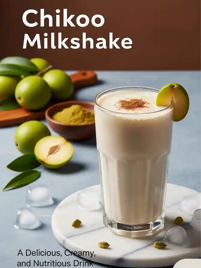 A tall glass of Chikoo Milkshake garnished with a slice, surrounded by fresh chikoo fruits and a bowl of spices on a marble platform, showcasing the rich and creamy texture of the Chikoo Milkshake.