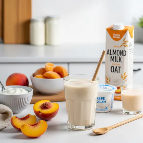 Glass of creamy Peach Milkshake with a straw, surrounded by sliced peaches, apricots, Greek yogurt, and an almond milk carton on a bright kitchen counter.