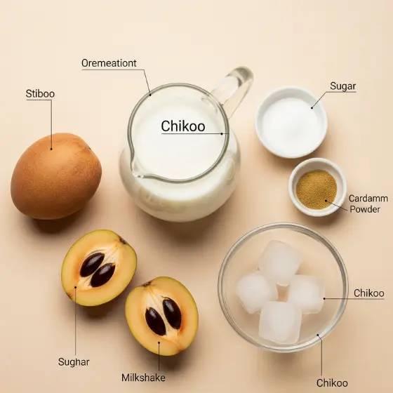 Ingredients for a Chikoo Milkshake: chopped chikoo, milk, sugar, cardamom powder, ice cubes, and a whole chikoo fruit.