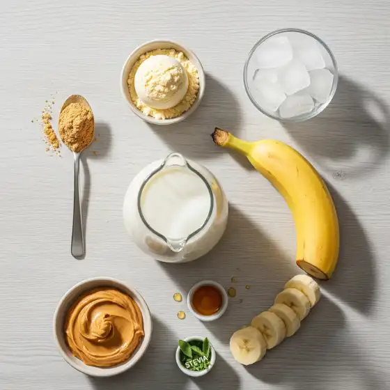 Ingredients for a Peanut Butter Protein Shake—a banana, milk jug, peanut butter, protein powder, ice, sliced banana, and stevia—are arranged on a light wooden surface.