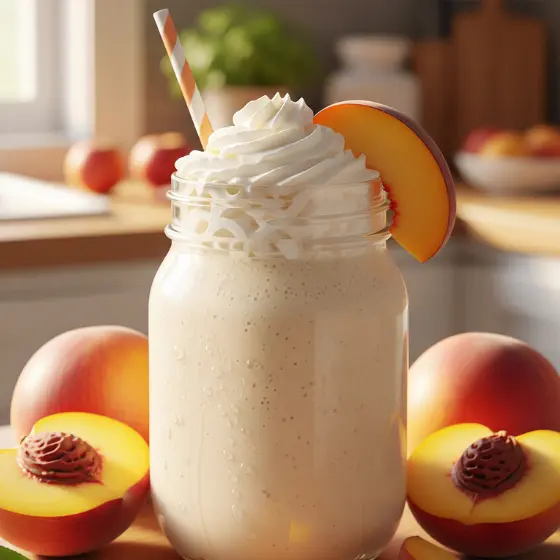 A creamy Peach Milkshake in a mason jar, topped with whipped cream and a peach slice, surrounded by fresh peaches on a sunny kitchen counter.