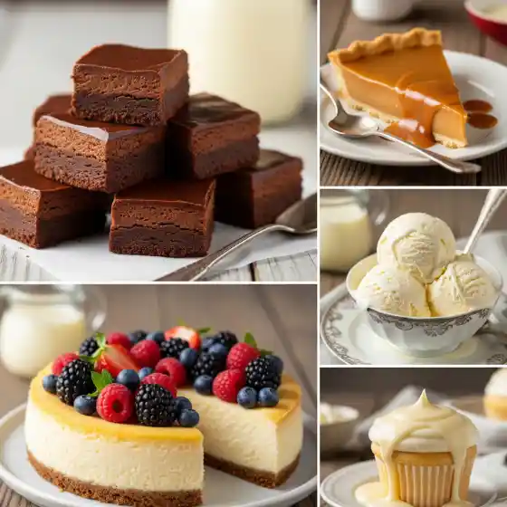 A delicious assortment of desserts made with Homemade Condensed Milk: rich brownies, caramel pie, creamy cheesecake topped with berries, ice cream, and a frosted cupcake.