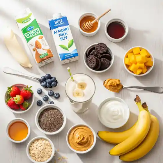 A variety of healthy ingredients for a Banana Milkshake Recipe, including plant-based milk, fruits, peanut butter, chia seeds, and honey on a light background.