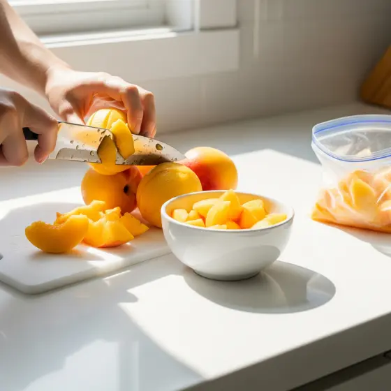 A person slices fresh peaches on a cutting board, preparing ingredients for a Peach Milkshake, with a bowl of chopped peaches and a plastic bag beside them, illuminated by sunlight.