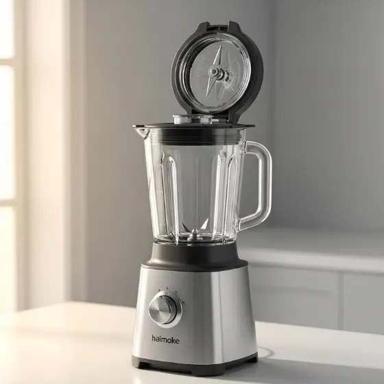 A sleek silver Haimoke blender with a clear glass pitcher and black accents, sitting on a kitchen counter with soft lighting, ready to prepare a Pumpkin Protein Shake.