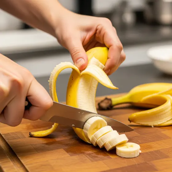A person slicing a peeled banana on a wooden cutting board, preparing ingredients for a Banana Milkshake Recipe, with whole bananas in the background.