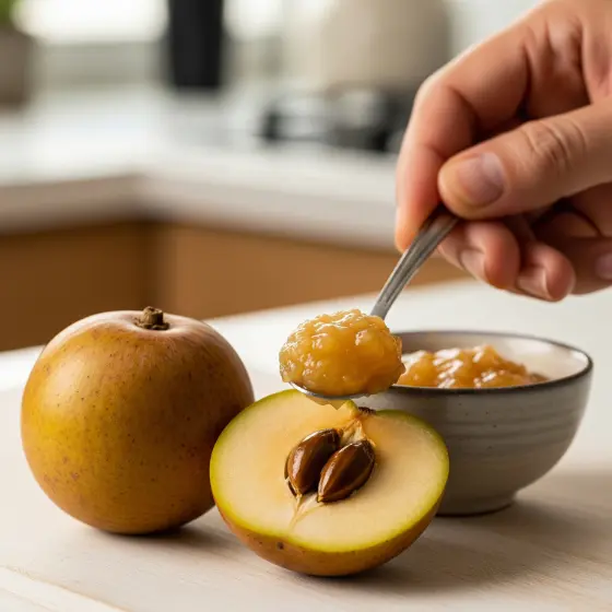 A hand holds a spoonful of pear jam above a halved pear, revealing seeds, with a whole pear and a bowl of jam in the background, styled alongside ingredients commonly used in a Chikoo Milkshake.