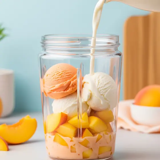 A blender filled with ingredients for a Peach Milkshake, including peach slices and orange and white ice cream scoops, as milk is poured in from above.