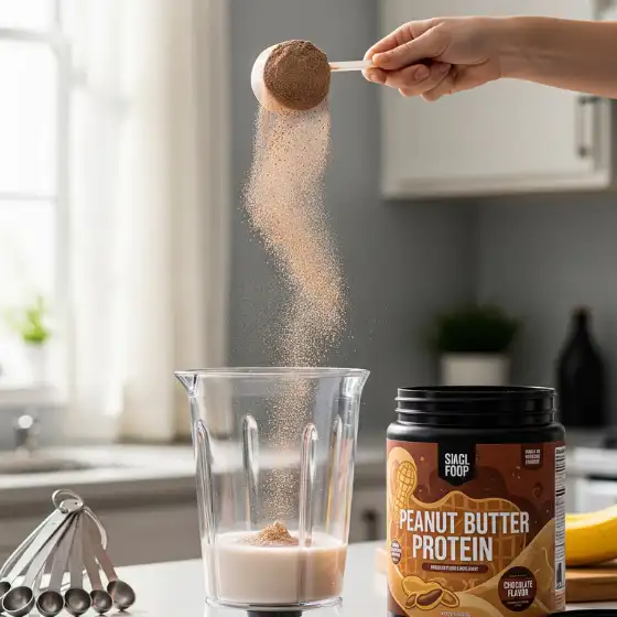 A hand pours peanut butter protein powder into a blender with milk, preparing a Peanut Butter Protein Shake, with a container labeled 'PEANUT BUTTER PROTEIN' nearby.