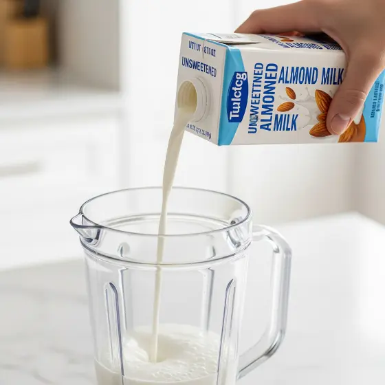 A hand pours unsweetened almond milk from a carton into a clear blender pitcher on a kitchen countertop, preparing ingredients for a Pumpkin Protein Shake.