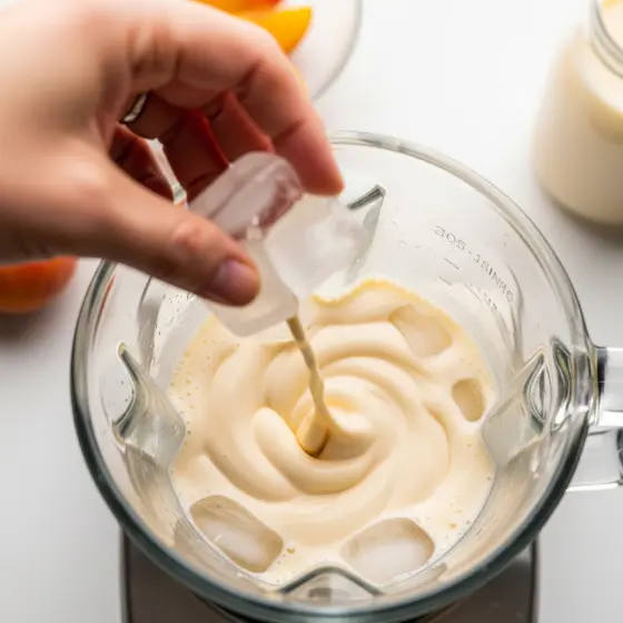 A hand pours liquid into a blender filled with creamy Peach Milkshake mixture, showing a swirl as it blends, with fruit and milk in the background.