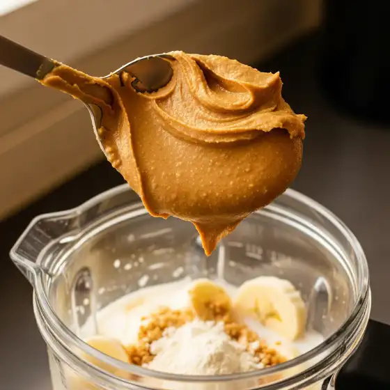 A spoonful of creamy peanut butter held above a blender filled with banana slices, yogurt, and other ingredients for making a Peanut Butter Protein Shake.