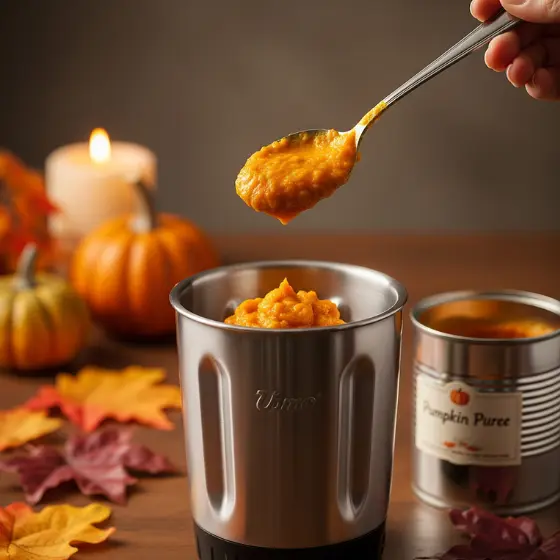 A spoonful of pumpkin puree is lifted from a stainless steel cup, surrounded by autumn leaves, pumpkins, and a candle, evoking the cozy ingredients and seasonal feel of a Pumpkin Protein Shake.