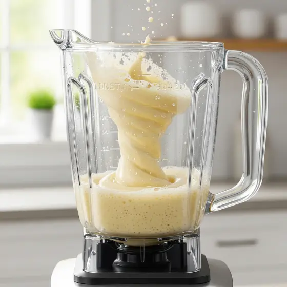 A clear blender filled with swirling, creamy batter for a Banana Milkshake Recipe, with splashes of liquid rising above as it blends on a countertop.