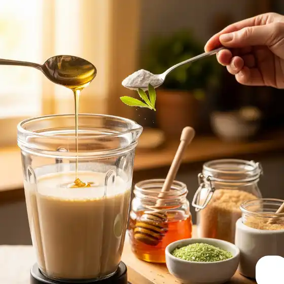 A hand adds honey and a sprinkle of powder to a blender filled with liquid for a Peanut Butter Protein Shake, surrounded by jars of sweeteners and green powder.