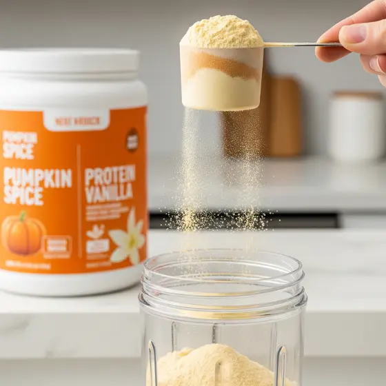 A hand pours protein powder from a scoop into a blender, preparing a Pumpkin Protein Shake, with a pumpkin spice protein container in the background.